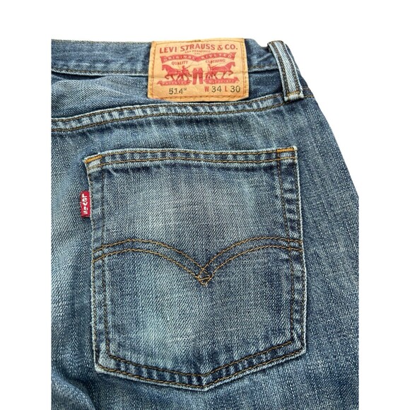 RARE Distressed Plaid Inside Levis 514 Straight Leg Mens Blue Denim Jeans 34x30 - Picture 13 of 15